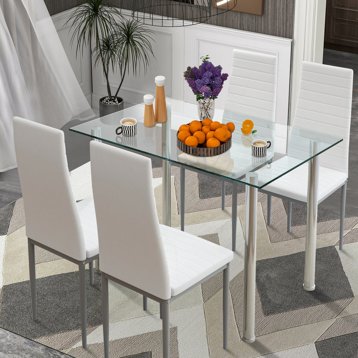 White Tempered Glass Dining Table Set for 4 with 4 PU Leather Chairs O2992