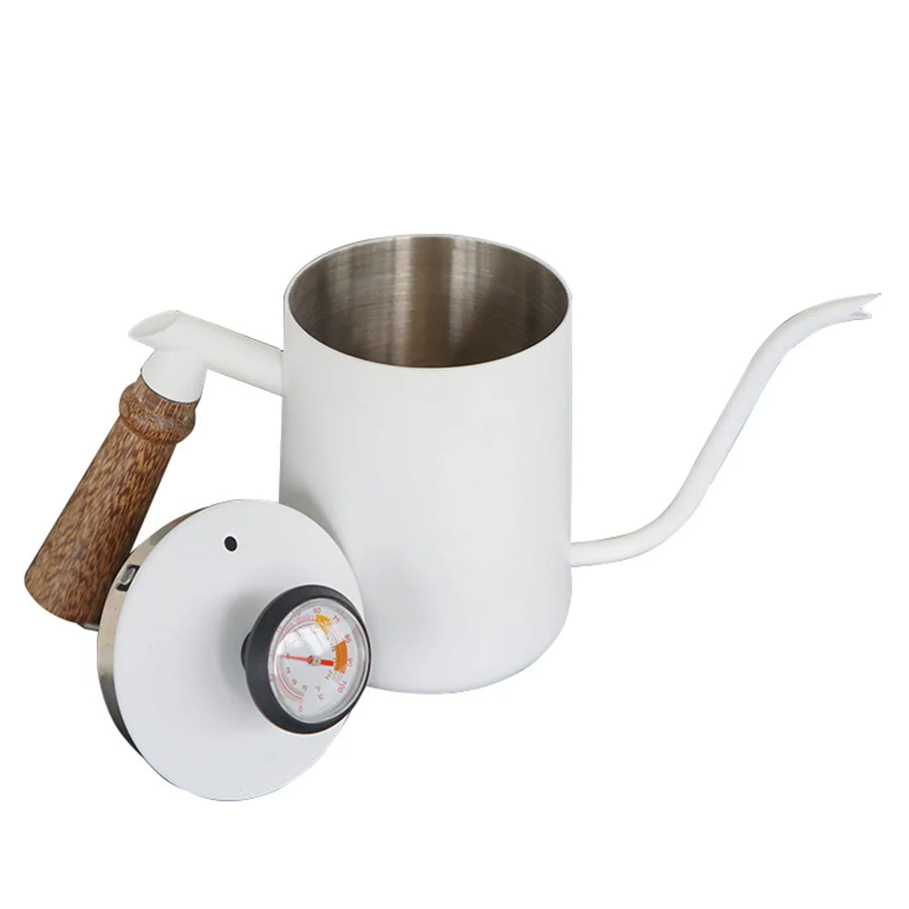 White Steel GooseNeck Coffee Kettle 600ML with Thermometer Z8865