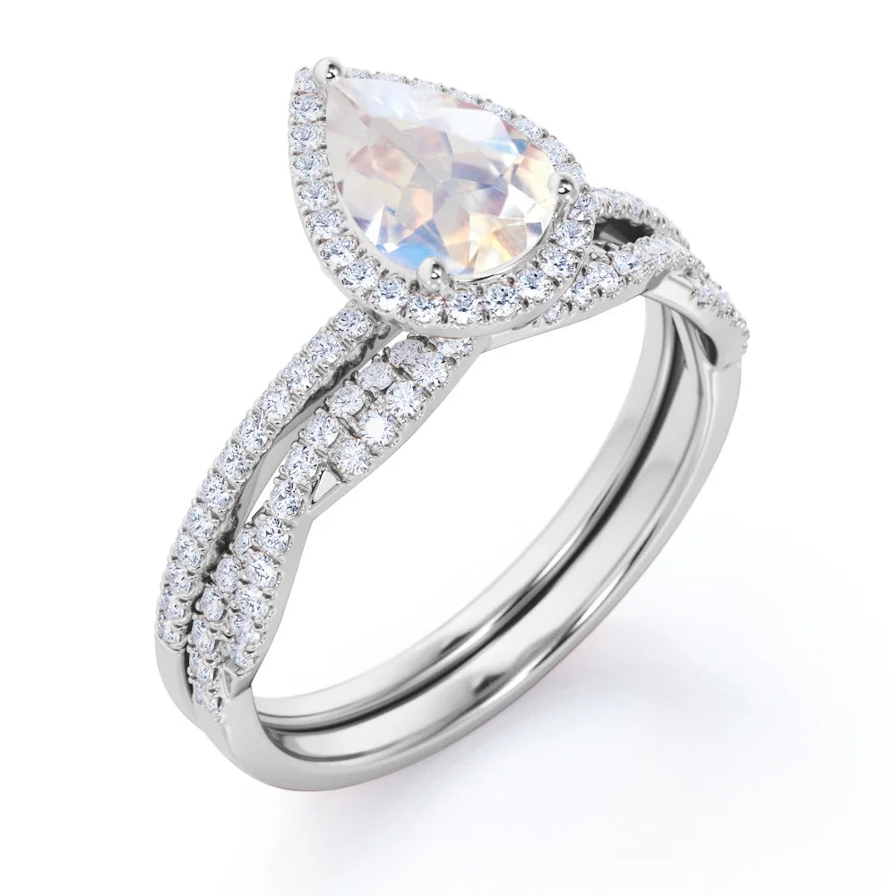 18K White Gold Plated Teardrop Rainbow Moonstone and Moissanite Wedding Ring Set L83663