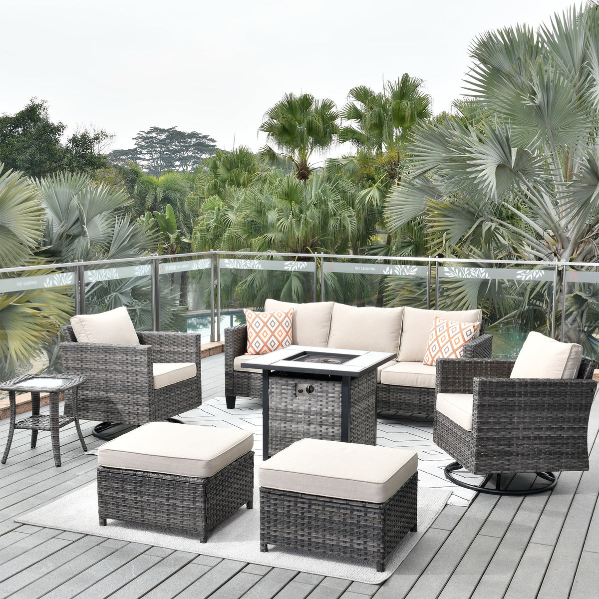 7 Pieces All Weather Wicker Patio Furniture Set with Fire Pit Table M7886