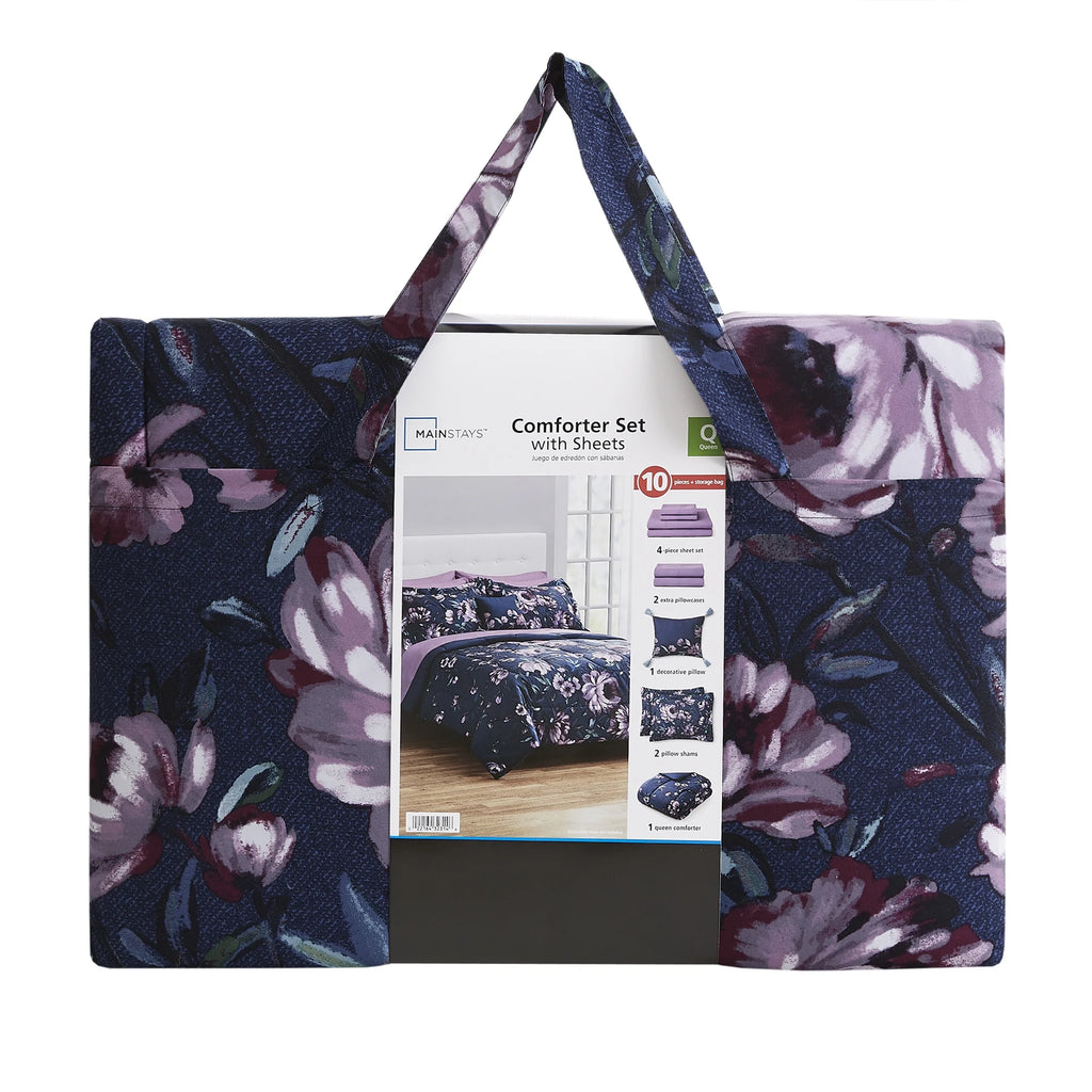 Blue Floral 10 Piece Queen Comforter Set with Sheets B9242