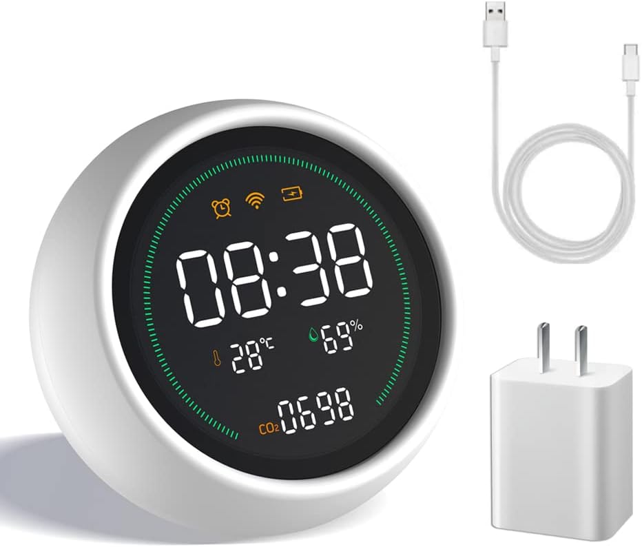 CO2 Monitor Indoor Air Quality Meter with Temperature and Humidity Sensor, 2200mAh Rechargeable Carbon Dioxide Detector, White, Pack of 2 O60771