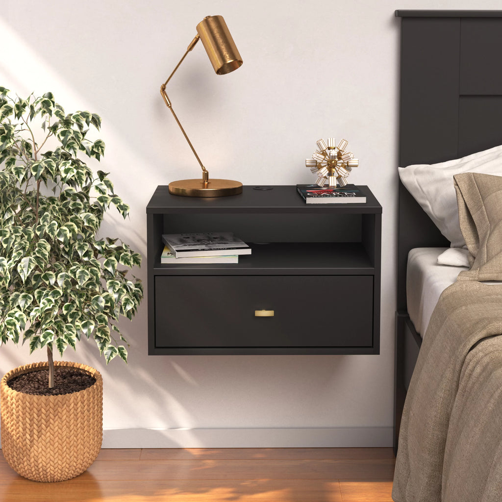 Black Floating Nightstand With Open Shelf B1325
