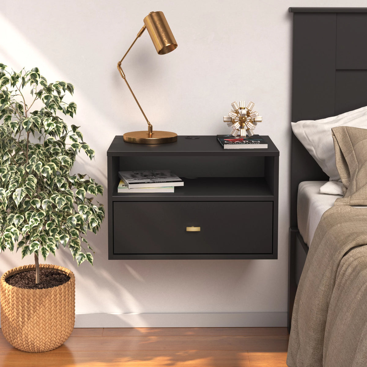 Black Floating Nightstand With Open Shelf B1325