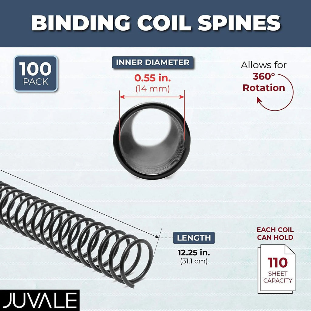 Black Spiral Binding Coils, Plastic Spines for 110 Sheets (12 in, 14mm, 4:1 Pitch, 100 Pack) E41401