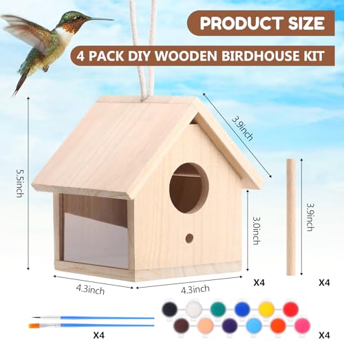 4 Set Wooden Birdhouse Kits with Lanyard and Post H4906