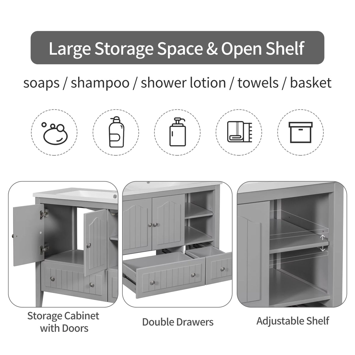 36" Bathroom Vanity with Sink, Undermount Storage Cabinet Set, Gray J64991
