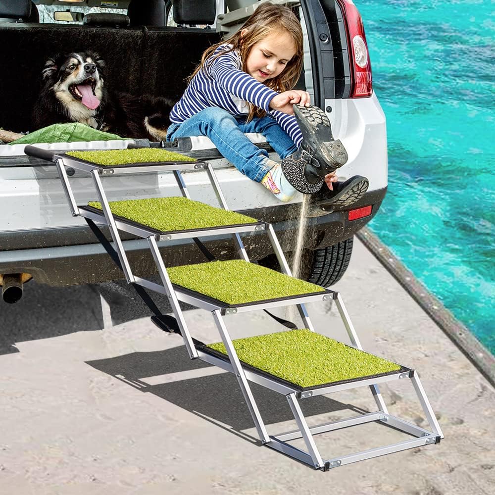 Aluminum Lightweight Portable Dog Car Ramp with Steps, 4 Black, Supports up to 200 lbs Z150856